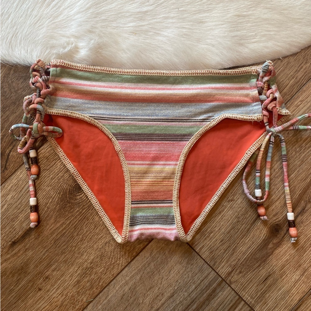 Becca Y2K bikini bottom with a striped pattern and beaded ties